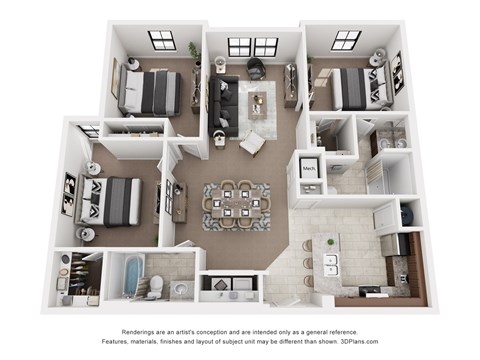 A 3D floor plan of a house with a kitchen, living room, and bathrooms.